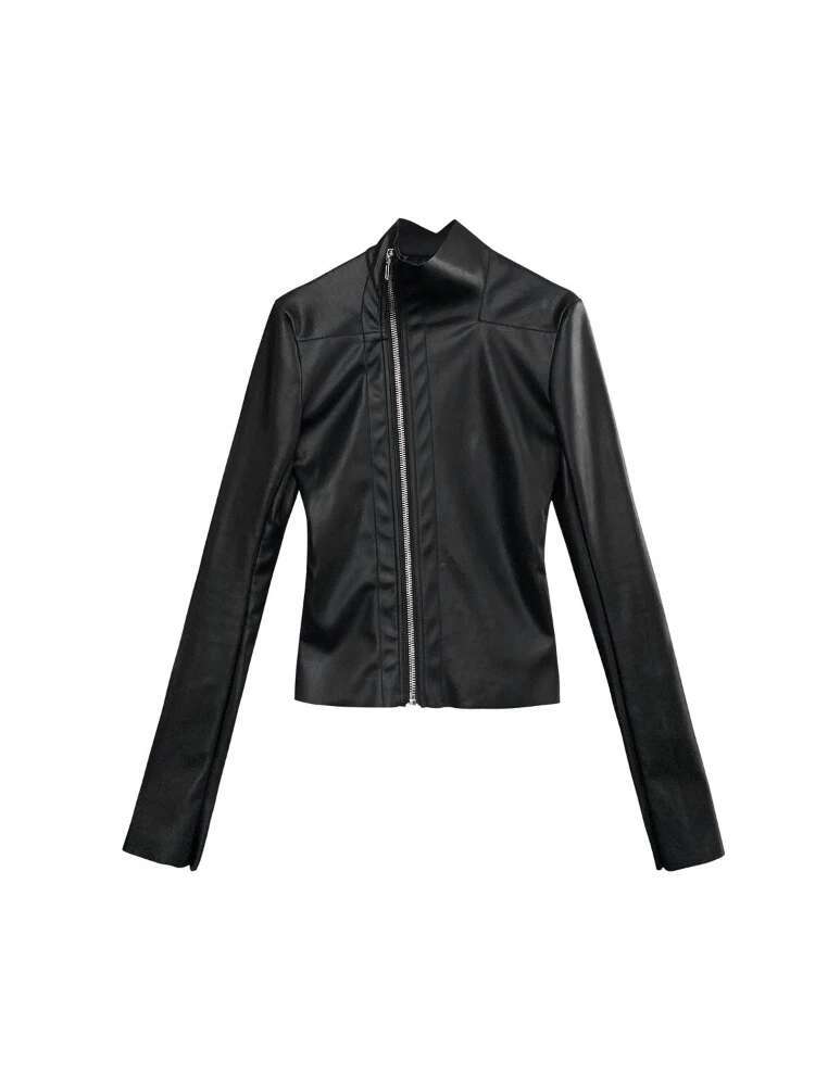 Streetwear Solid Women PU Jackets Y2k Aesthetic Zipper Slim Fit Cropped Elastic Coats Haruku Casual Black Punk Mujer Chaqueta