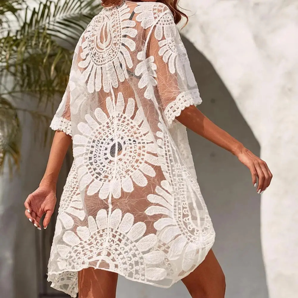 Flower Lace Coverups Beachwear White Cardigan Beach Cover Ups for Swimwear Women Bath Exits Outfits Solid Knitted Wear Coverup 250217