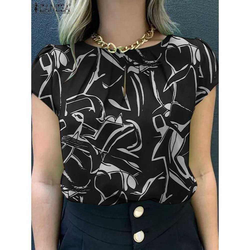ZANZEA Stylish Women Ral Printed Blouse Summer Short Sleeve Tops Fashion Casual Holiday Party Shirt Female Work OL Blusas