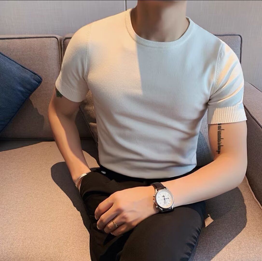 2025 New Solid Color Short Sleeved Casual Semi High Neck Designer T-shirt For Men's Spring Light Luxury Slim Fit Fashionable Short Sleeved T-shir