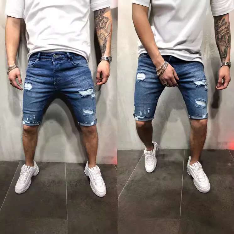 Summer New Jeans Tight Denim Shorts Suitable For Men's Designer Shorts Wearing Worn-out Torn Cat Whiskers Hip-hop Streetwear Shorts Men's Pa
