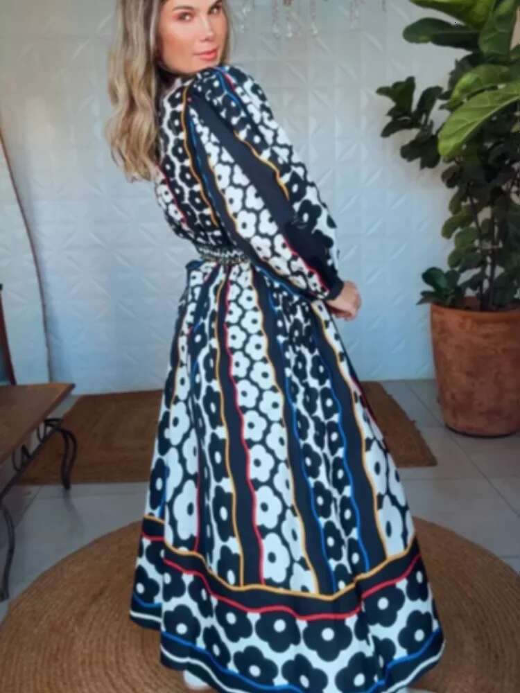 Printed Deep V-Neck Dresses Women Elegant Long Puff Sleeve Vintage Maxi Dress Spring Lady High Waist A E Loose Robes