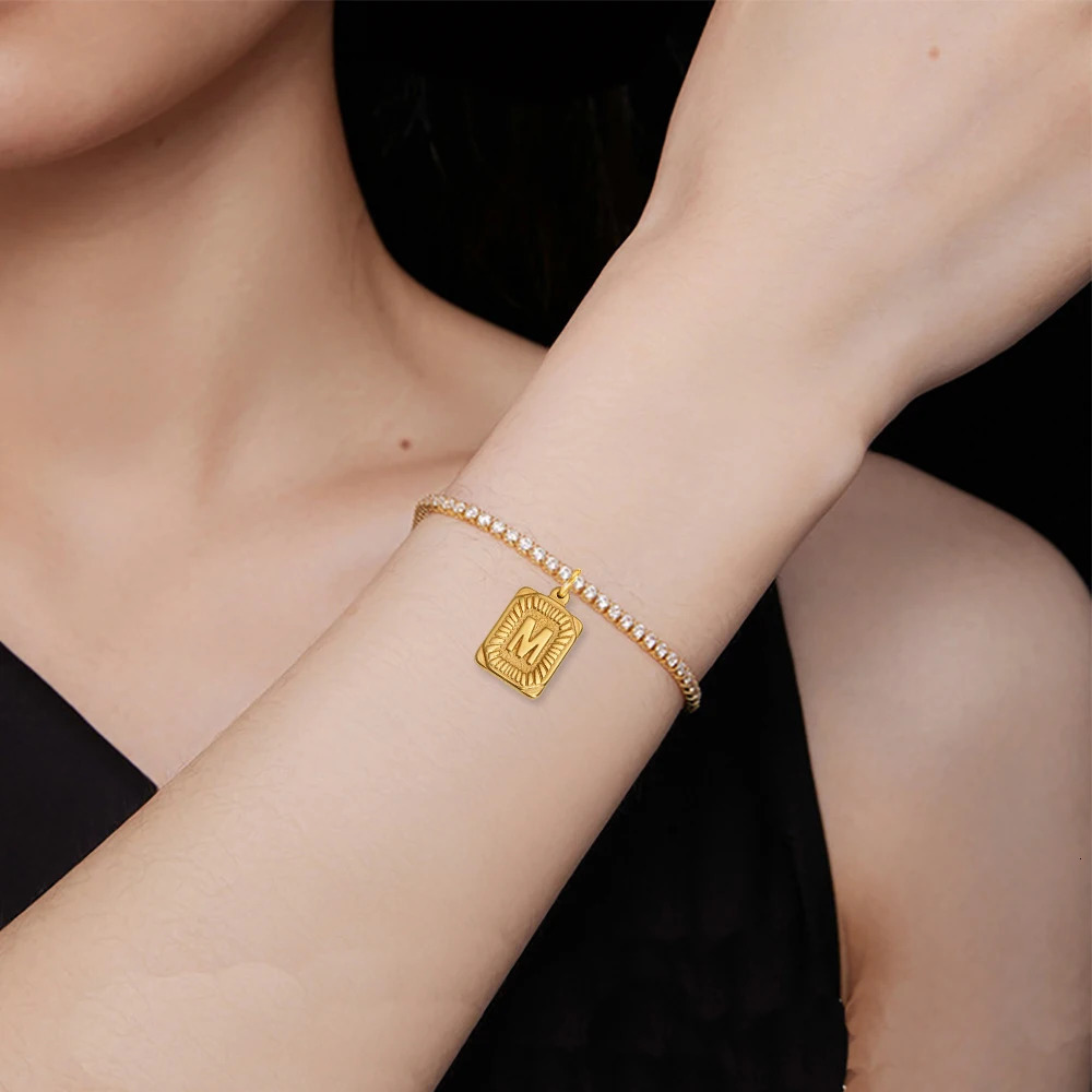 26 Initial Bracelet Women Gold Plated 2MM CZ Tennis Chain AZ Alphabet Charm 316L Stainless Steel Birthday Gifts Jewel 250213