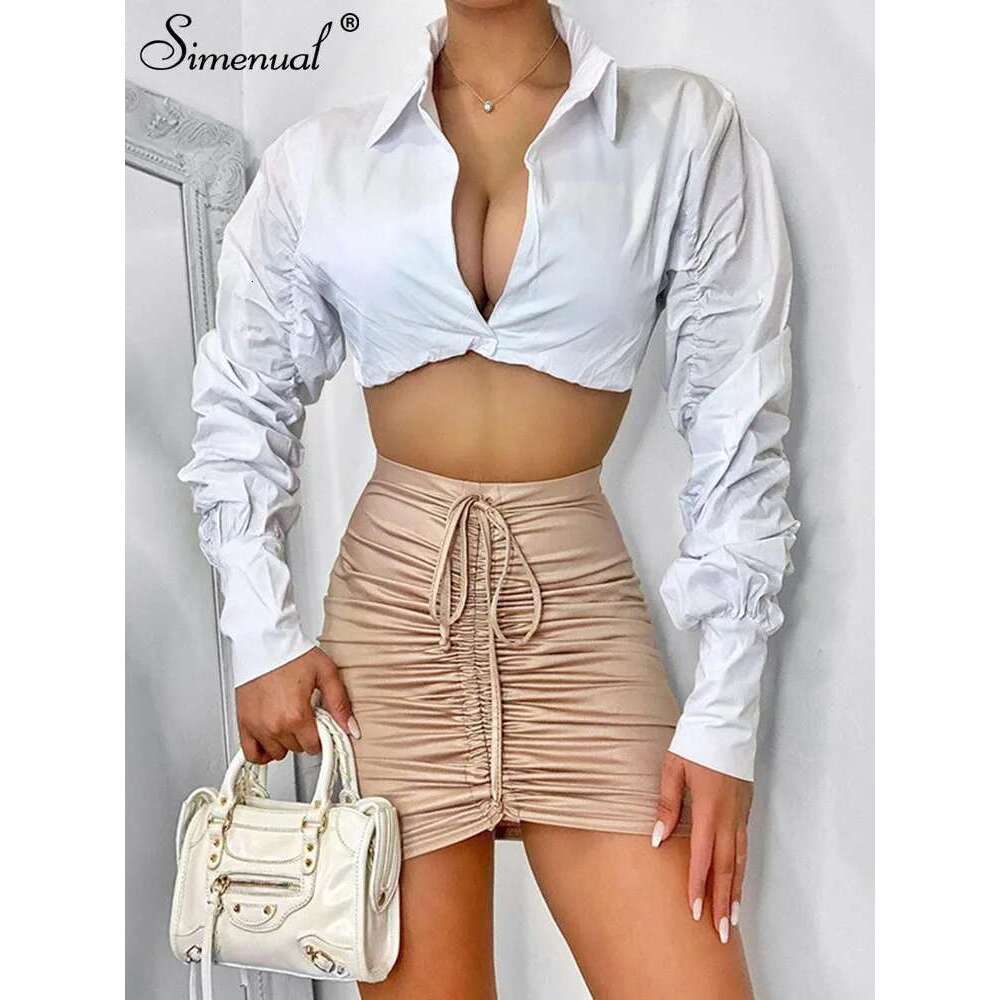 Simenual Button Ruched White Puff Sleeve Blouse Shirts Women Long Sleeved Fashion Fall 2021 Clothing Crop Blouses Solid Baddie