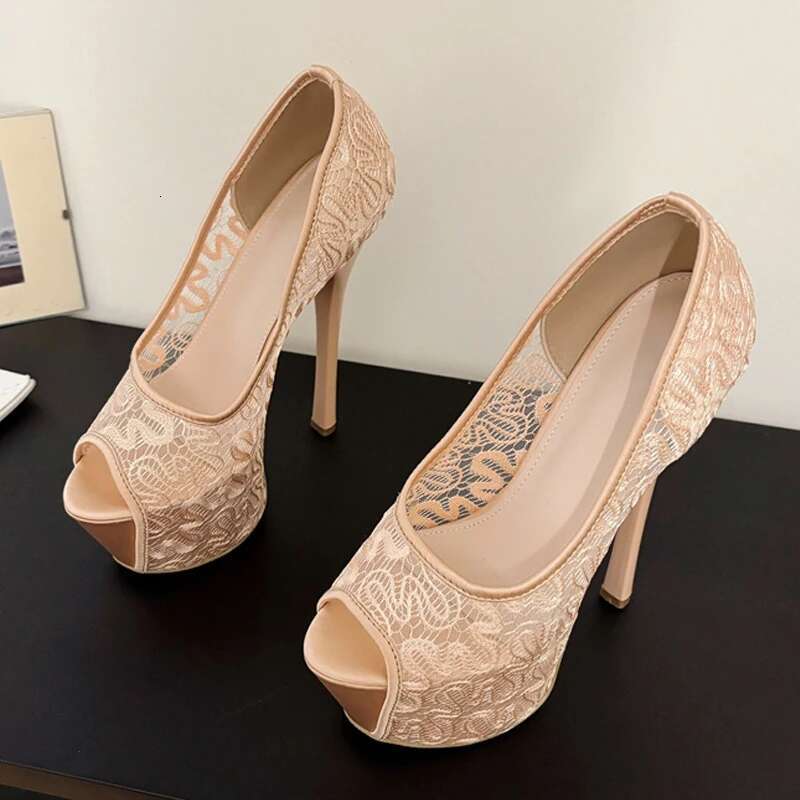 Liyke Fashion Design Embroidery Mesh Platform Pumps Women Sexy Sgback Shallow Peep Toe Pink High Heels Wedding Banquet Shoes