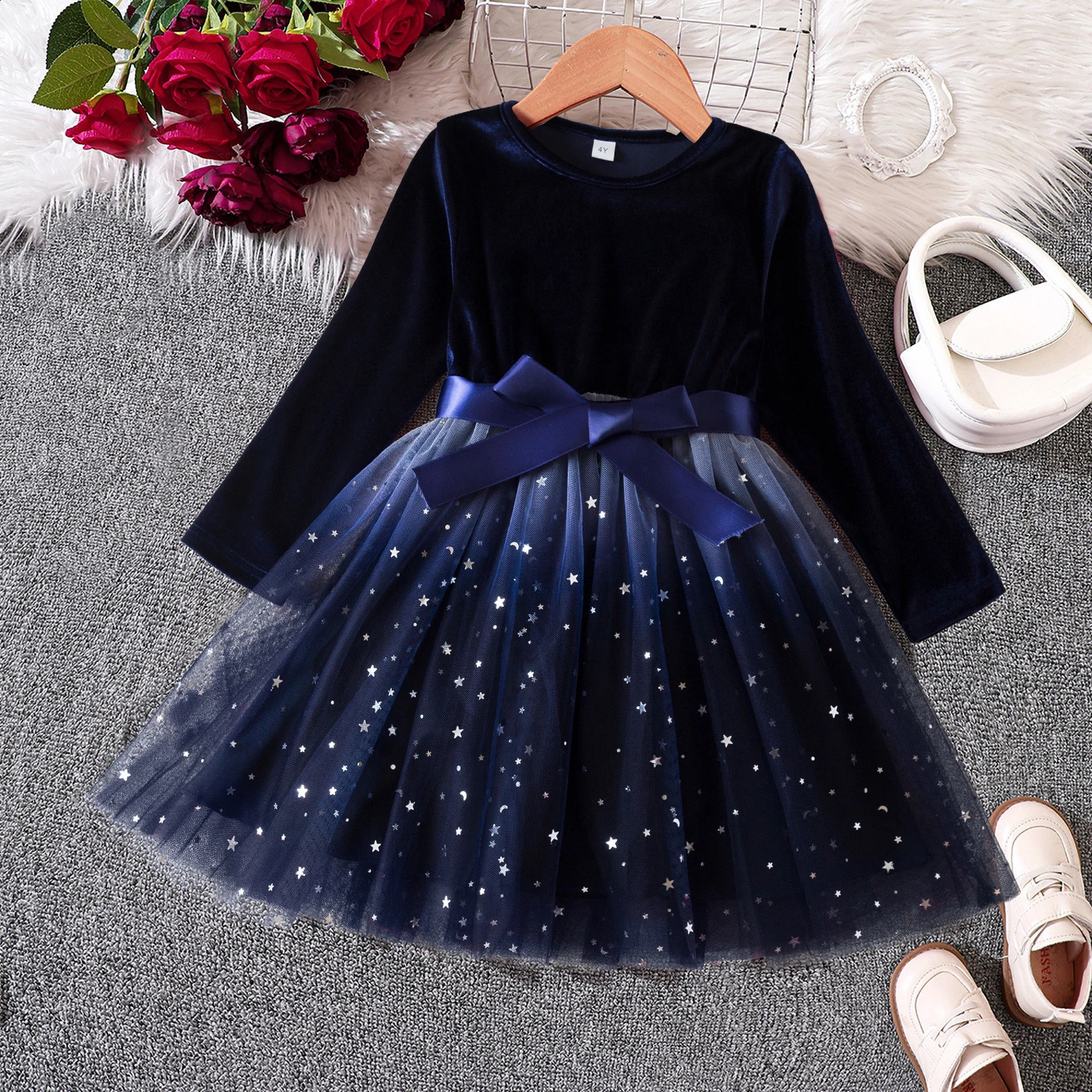 Girls Dress Autumn Winter Long Sleeve Bow Sequin Princess Dress 3-8 Yrs Kids Christmas Birthday Party Year Costume 250219