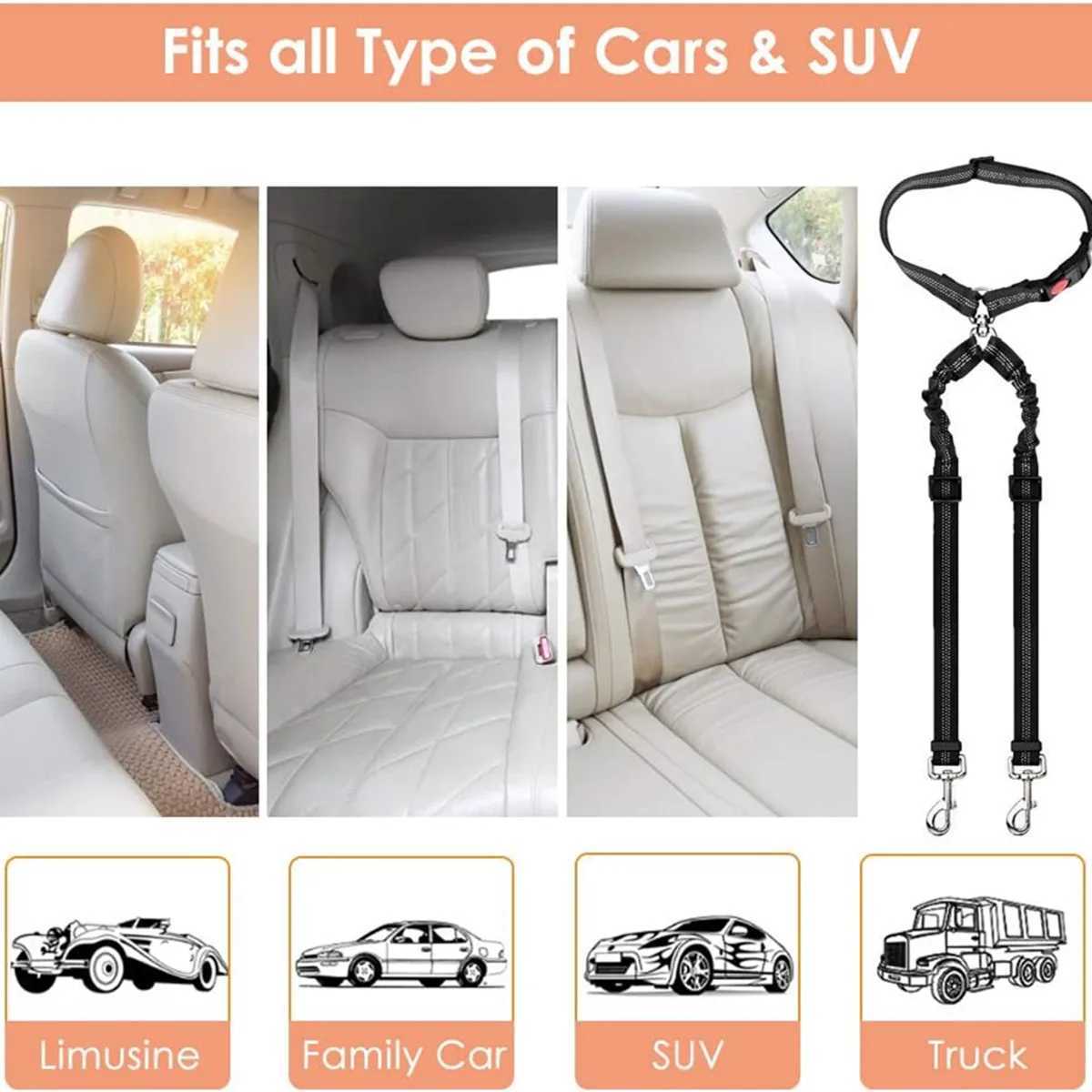 2 Dogs Seat Belt New Dual Pet Car Headrest Restraint Safety No Tangle Dog Leash Duty Adjust Elastic Connect in Vehicle TravelXJ250218