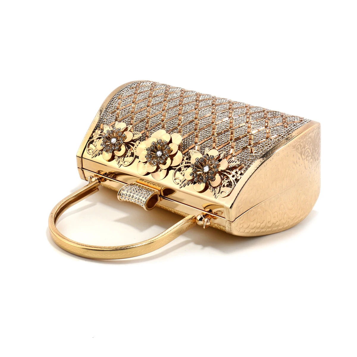 Rhinestones Bucket Women Evening Clutch Golden Metal Handle Handbags Crystal Flower Vintage Perfect n Box Holder 250218