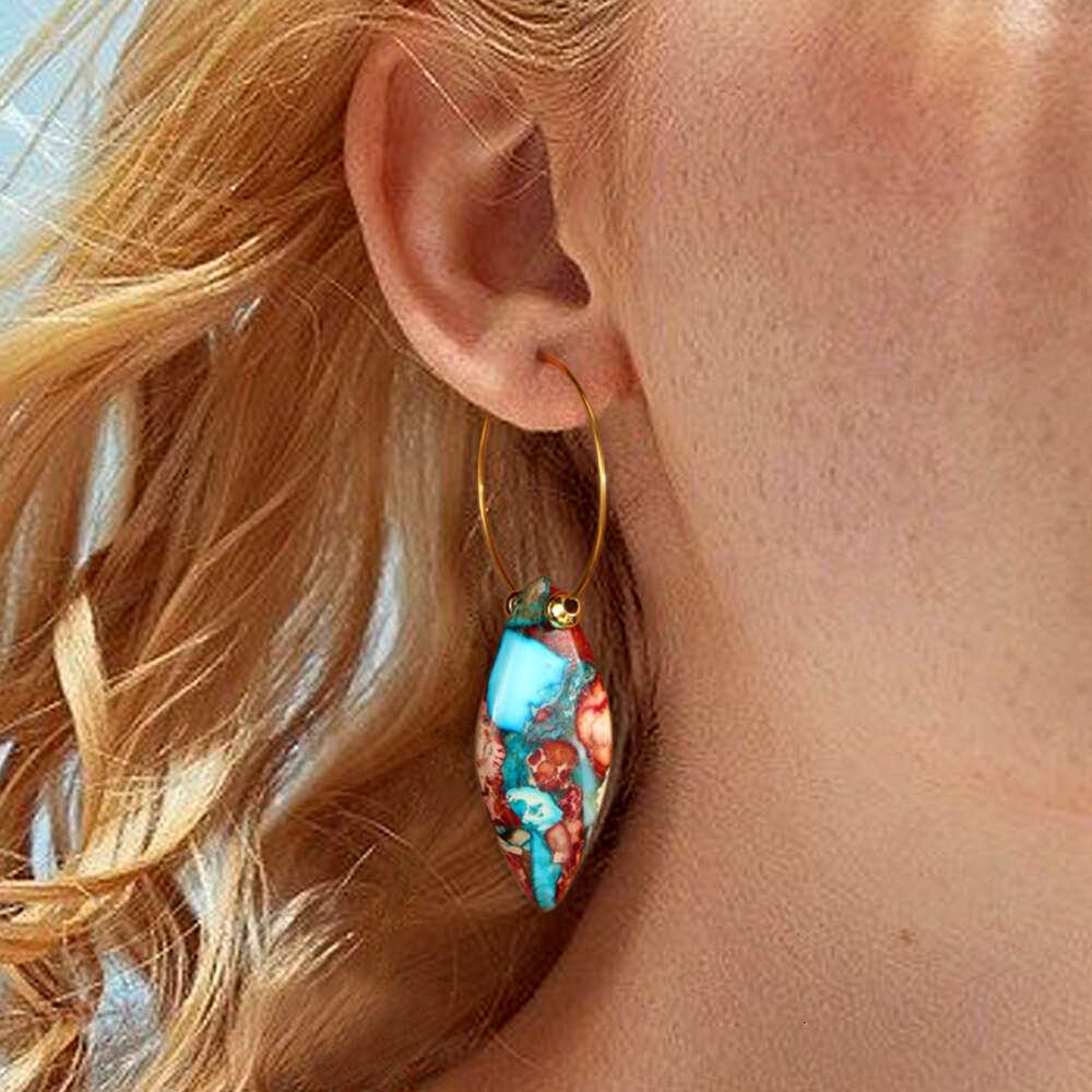 New Bohemian Rice Shaped Blue and Red Emperor Stone Pendant Earrings Popular Ins Ear Accessories