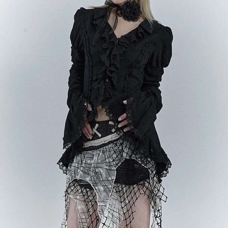 Karrcat Gothic Black Lace Dark Aesthetic Irregular Blouses Yamamoto Style Grunge Flare Sleeve V-neck Shirt Vintage Y2k Emo
