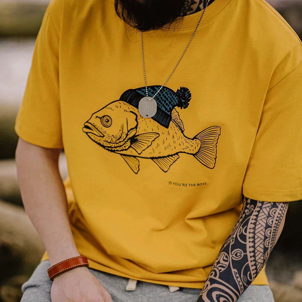 Retro Deep Sea Fish Cked Print T-Shirt Animal Pattern Round Neck Short-Sleeved Tops For Men's Summer Tee