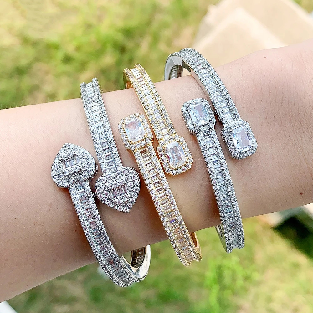 High Quality Iced Out Bling 5A Cubic Zircon Stone Paved Square Heart Clip Bracelets Punk Styles Hip Hop Bangle Cz Jewelry 250213