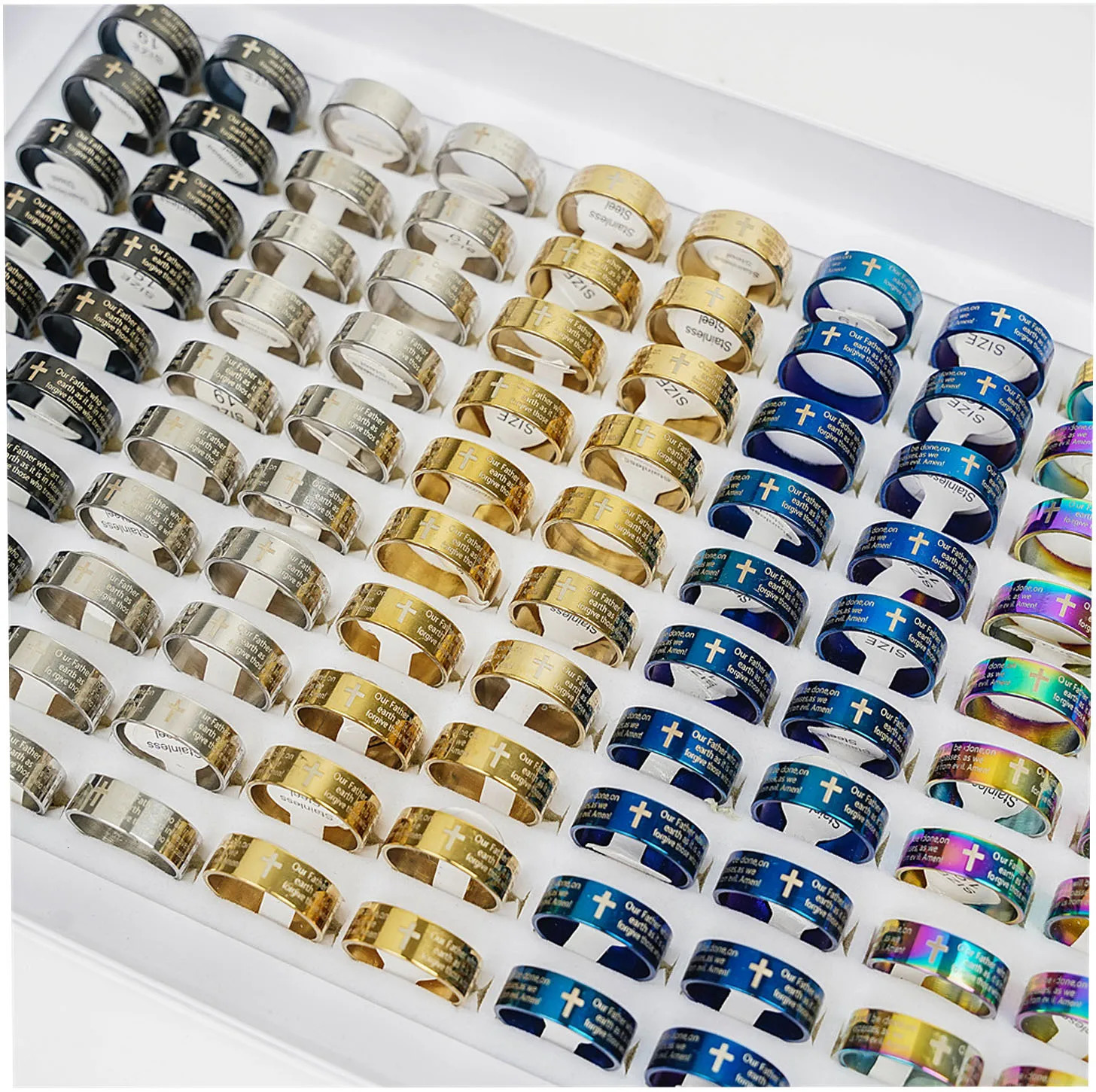 50Pcs/Lot Jesus Love Christianity Bible Cross Faith Pray Stainless Steel Ring Jewelry For Women Men Believer Mix Color Wholesale 250213
