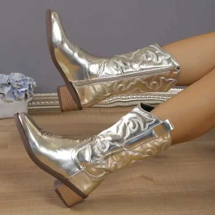 Women Fashion Zipper Knight Boots Ladies Autumn Thick Sole Chunky Heels Boots Pointed Toe Shoes Embroidered Cowboy 2024 Z250704