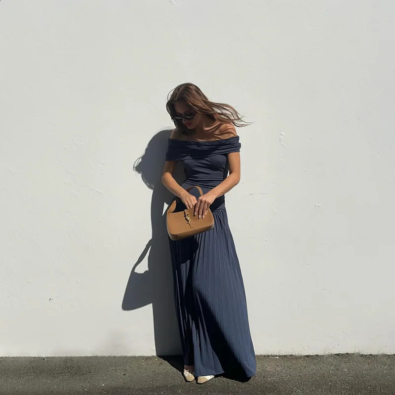 Sexy Elegant Women Slim Long Dresses Vintage Backless High Waist Pleated A Line Maxi Dress Summer Female Holiday Party Robe 250218