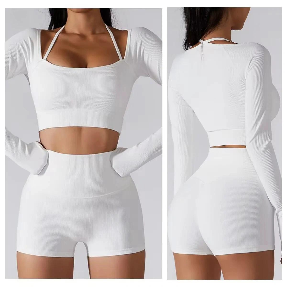 womens long sleeve yoga shirts with shorts workout sets quick dry gym wear boxer style activewear fitness sports suits women high waisted breathable y