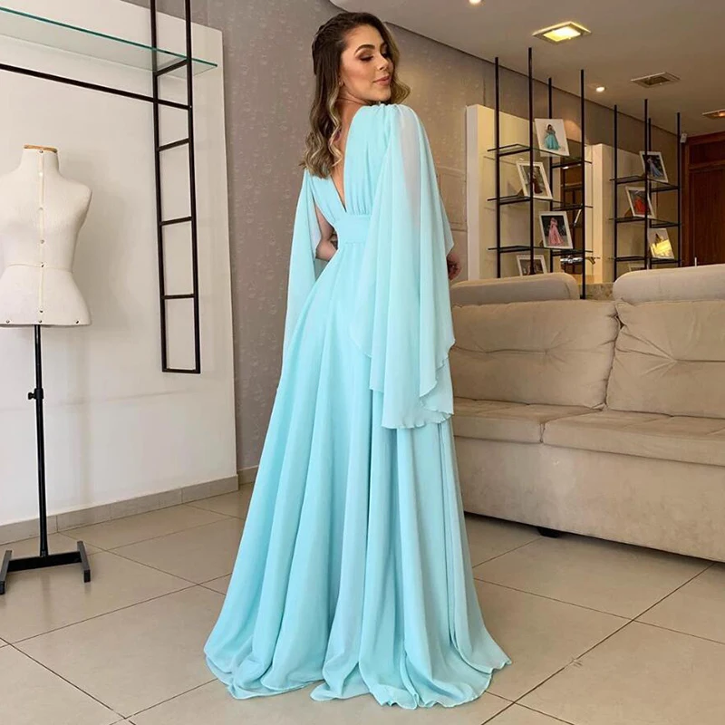 Mint Chiffon A-Line Long Prom Dresses Deep V-neck Open Back Cape Sleeves Floor Length Simple Special Occasion Dress Empire Waist Formal Gown For Women