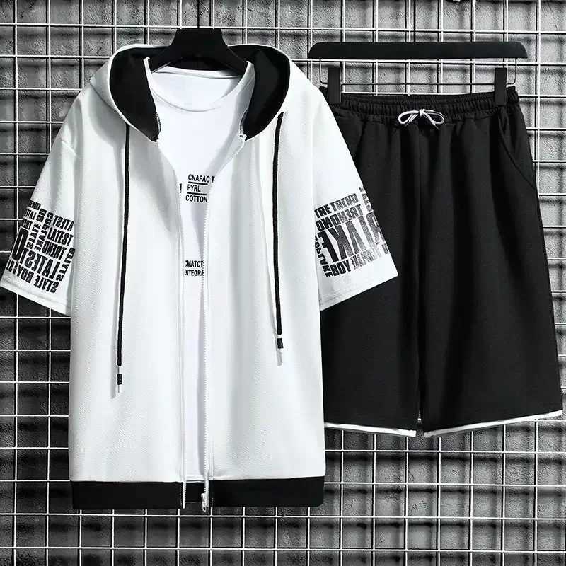 Summer Thin Mens Sports Suit 2-piece Set Casual Hooded Quick Dry Running Exercise Clothes Short Sleeve ShortsXJ250218