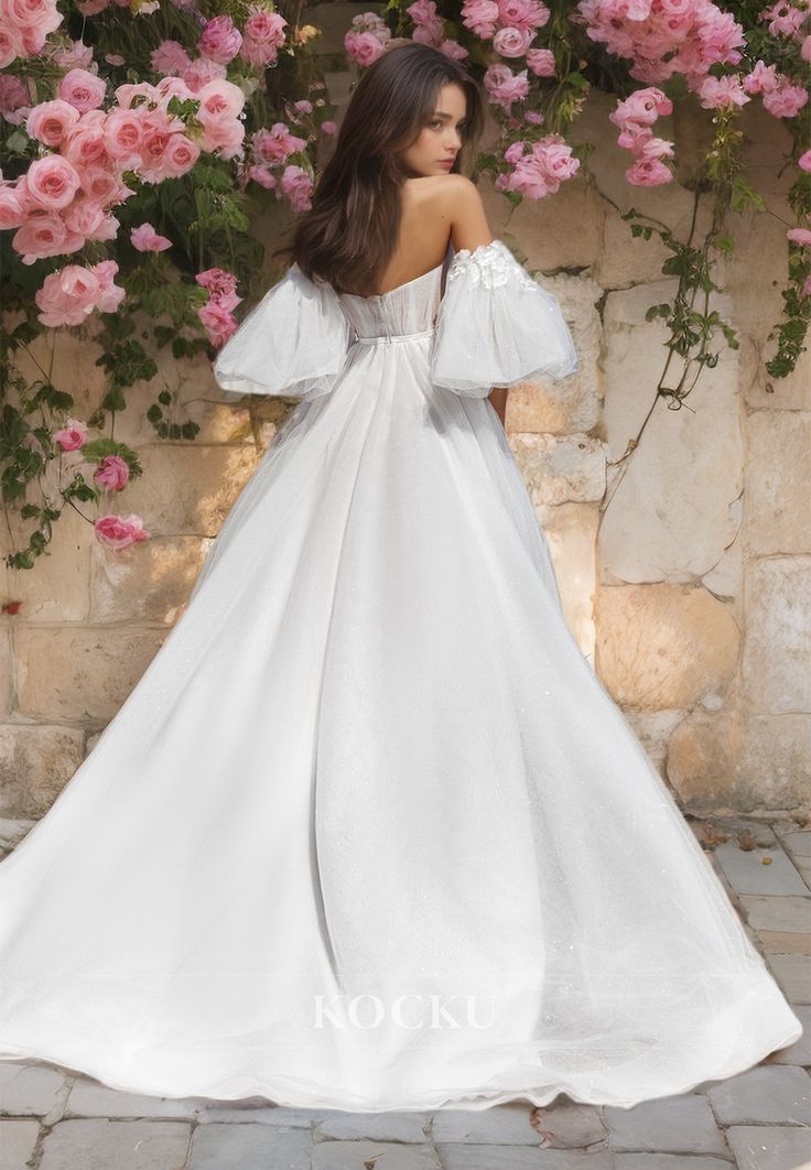 Boho Glitter Long Sleeves Floral Weeding Dress Deep Scoop Side Split A-Line Lace Appliques Bridal Gownss Bridal Gownss 03