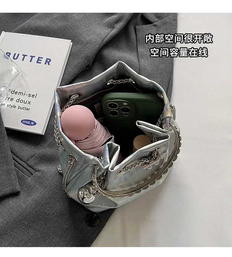 2024 Fashionable Silver Bucket Bag for Women Luxury Chain Handbag Ladies Purse Simple Girls Evening Bags Designer Shoulder Bag Y250218