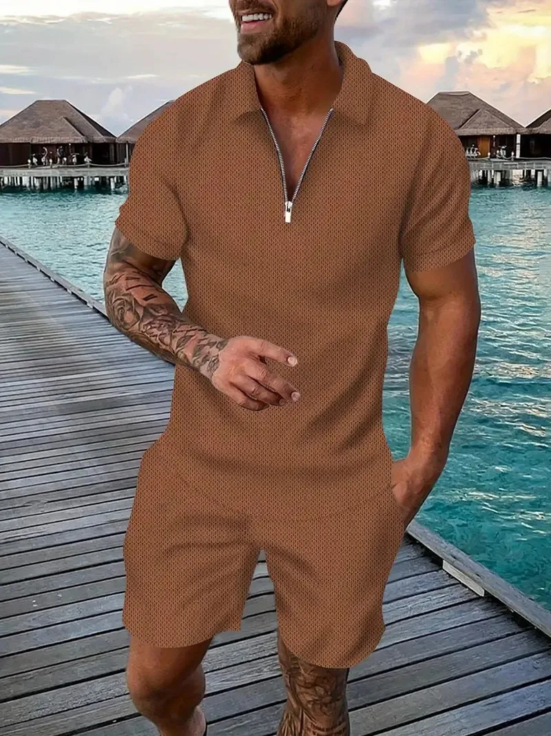 Summer mens suit solid color striped polo shirt short sleeve shorts oversized 250219