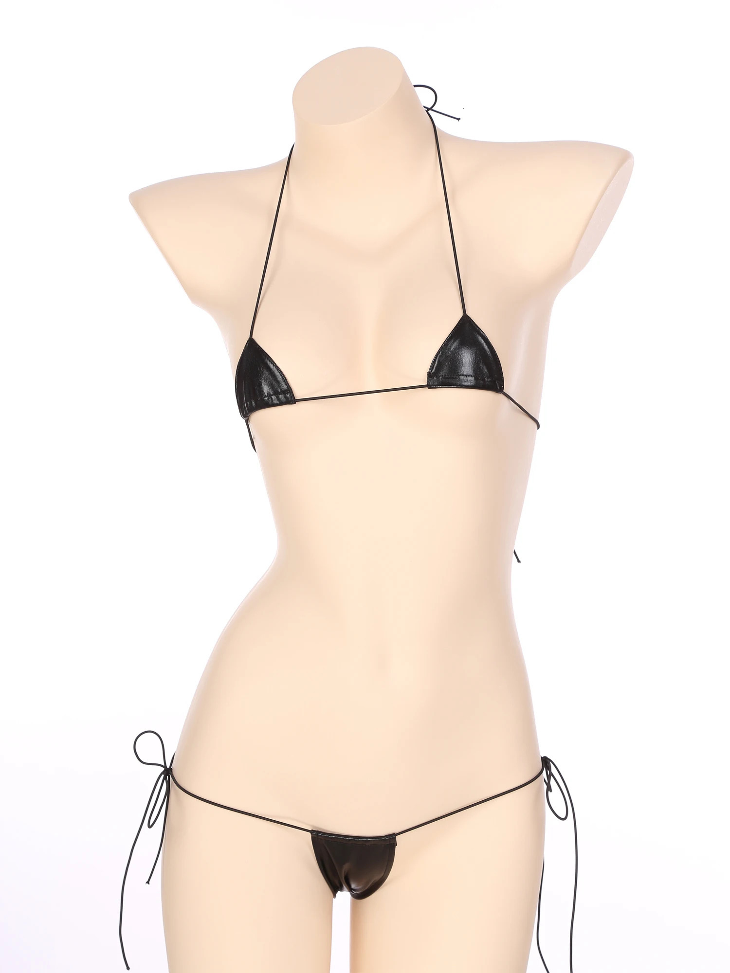 Womens Micro Bikini Set Wet Appearance Patent Leather Two Piece Underwear Strap Bra 250219
