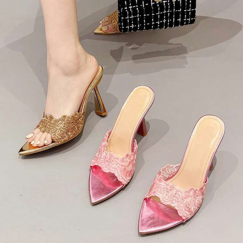 Summer Handwork Embroidery Hemp Women Slippers Sandals Sexy Pointed Toe Mules Party Heels Slides Shoes atos De Mujer