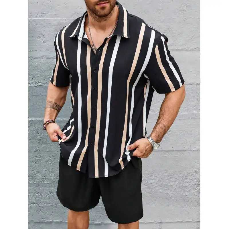 Summer Fashion Suit Mens Stripes 3D Printing Mens Quick-dry Shirt + Loose Drawstring Shorts Mens Vacation Leisure SuitXJ250218