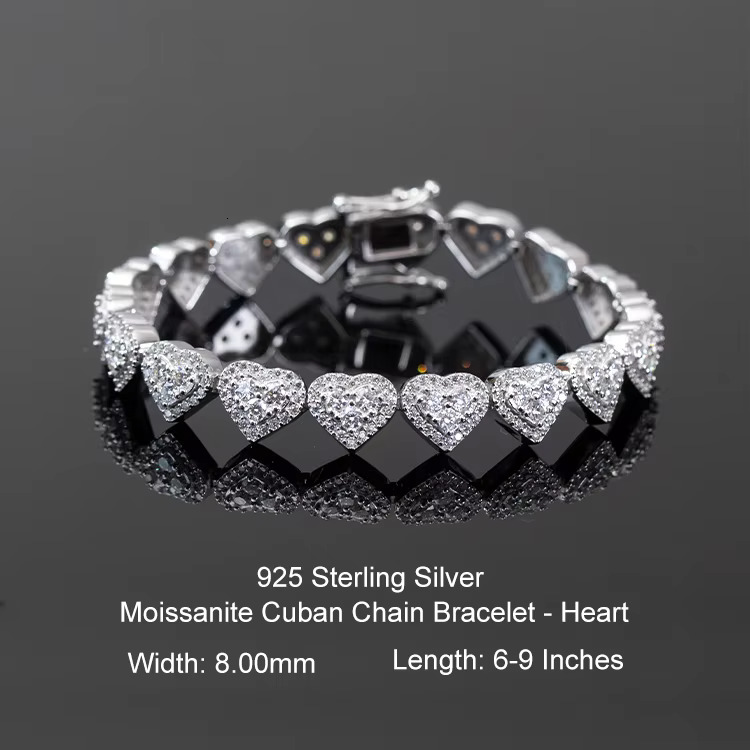 Goldleaf Sterg Sier VVS Dia Bracelet Hiphop Heart Shape Bangles Iced Out 8mm Moissanite Cuban k Chain