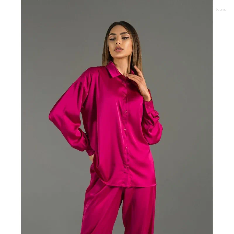 Women's Two Piece Pants Spring And Summer Lady Long Set Elegant Satin Silk Sleeved Loose Shirt Wide Leg Two-piece Women Outerwear