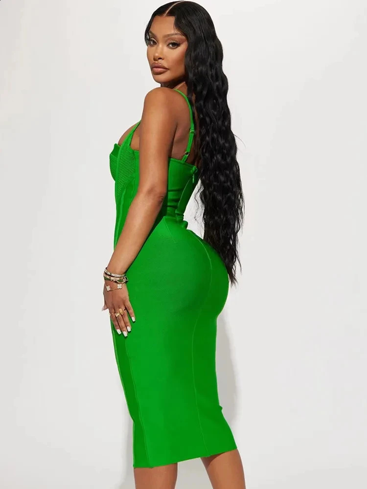Celebrity Women Summer Sexy Sleeveless Backless Green Midi Bodycon Bandage Dress Elegant Evening Club Party Dress 250218