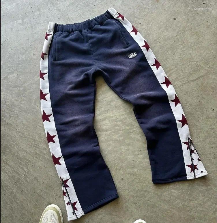 Men's Pants Letter Embroidery Design Side Flame Graphic Straight Men Harajuku Y2k Clothing 2000s Basketball Elastic Waist Sweatpants