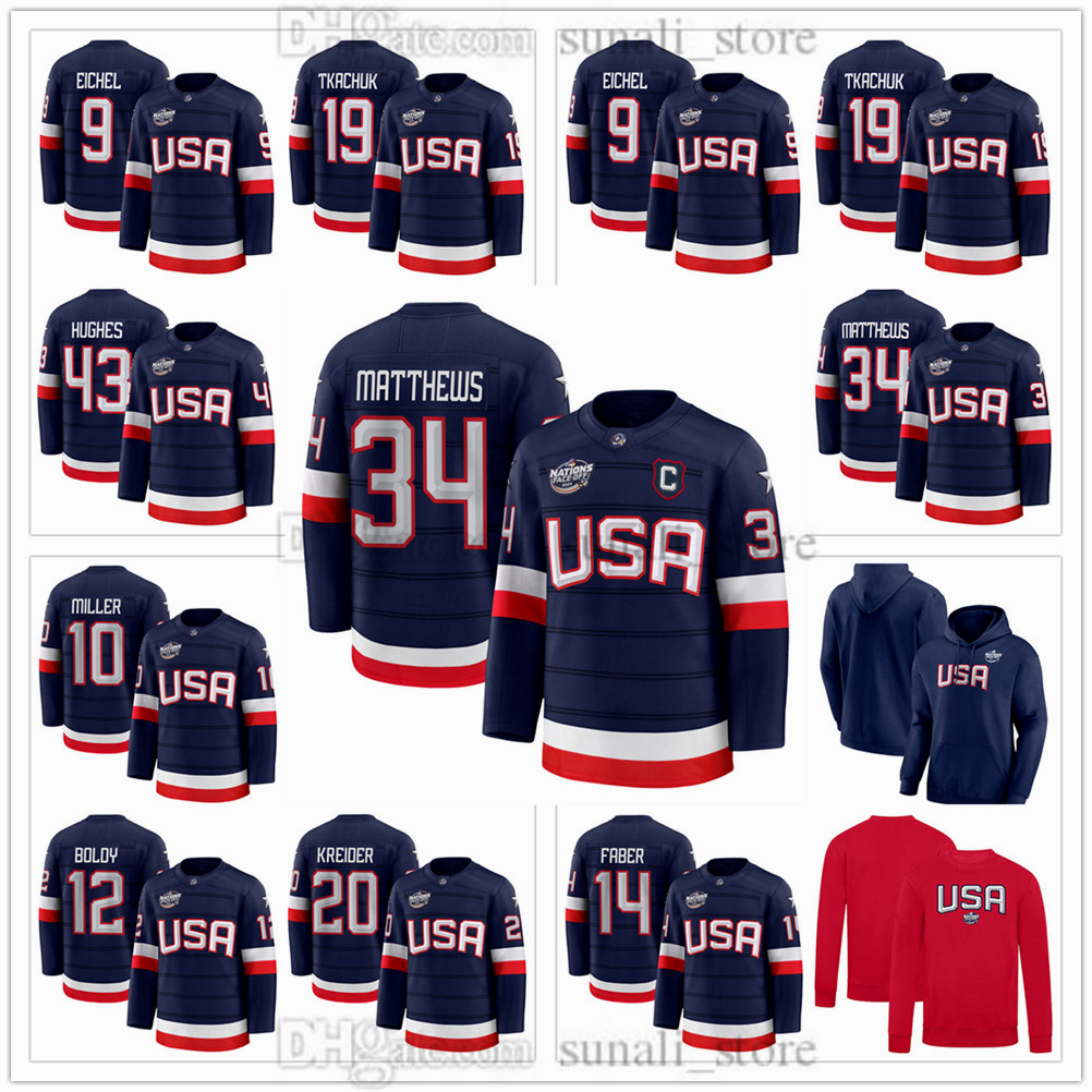 Navy 2025 4 Nations Face-Off Hockey Jersey USA Team 34 AustonMatthews 19 Matthew Tkachuk 9 Jack Eichel 43 Quinn Hughes 86 Jack Hughes 25 Charlie McAvoy 7 Brady Tkachuk