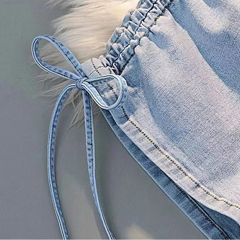 Womens Chic Drawstring Pleated Denim Shorts High Waist Aline Jean Shorts With Pocket Casual Slim Bodycon Shorts Trousers Summer 250214