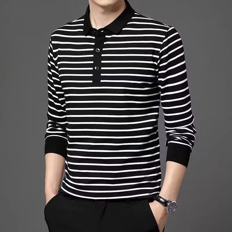 Spring and Autumn Mens Long Sleeve Tshirt with Polo Collar Black White Stripes Top Youth Casual Male Comfortable Shirt 250219