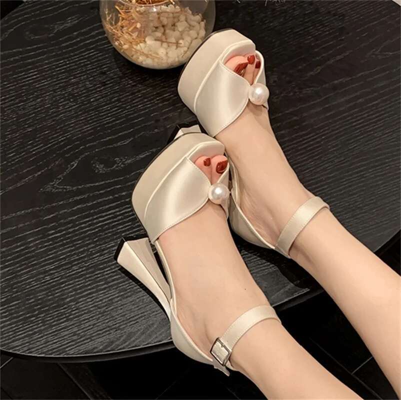 Elegant String Bead Peep Toe Silk Platform Woman Sandals Ankle Buckle Strap Square Heel Party Pumps Shoes atos Mujer