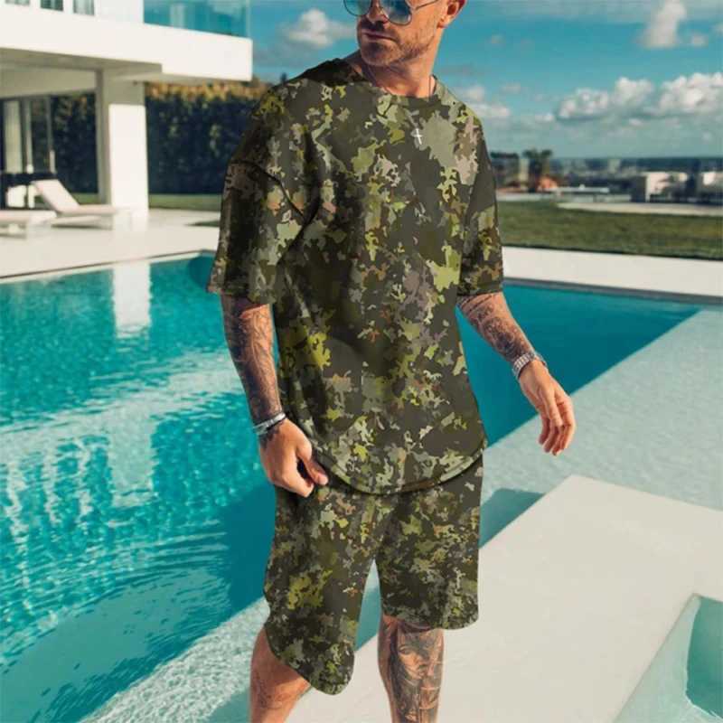 Mens T-shirt Sets 3D Print Camouflage Tracksuit T Shirts Shorts 2 Pieces New Streetwear Oversized Suits Sportswear Man ClothingXJ250218