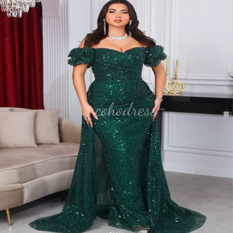 Sparkly Green Mermaid Evening Dress With Overskirt Train Plus Size Saudi Arabia Prom Dress Abaya Formal Birthday Party Vestio De Fiesta 2025