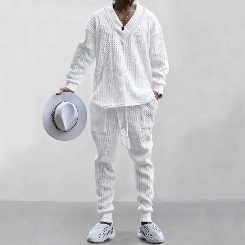 Male Beach Set Quick Dry Hawaiian Casual Pants V-neck All Matching Jacquard Knit Mens Suit Solid Color Long-Sleeved Top+PantsXJ250218