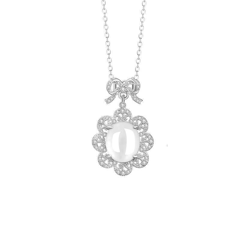 Bowknot Sterg Sier Necklace New Chinese China-Chic Natural Foam Jade Egg Face Collar Chain ins Suower Pendant