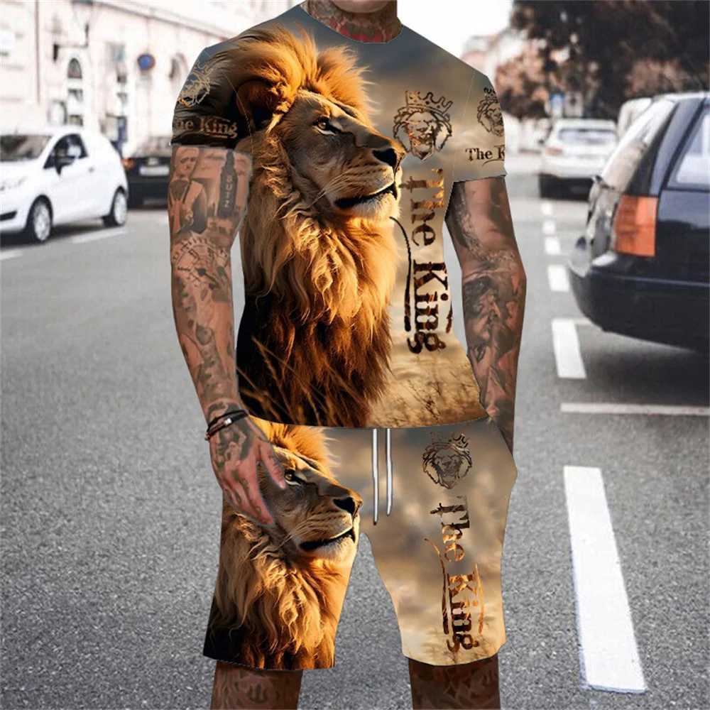 Lion King 3D Printed Mens T-shirt Set 2024 Summer O-collar Short-sleeved T-shirt Top 3D Style Mens Casual Outdoor Fashion SetXJ250218