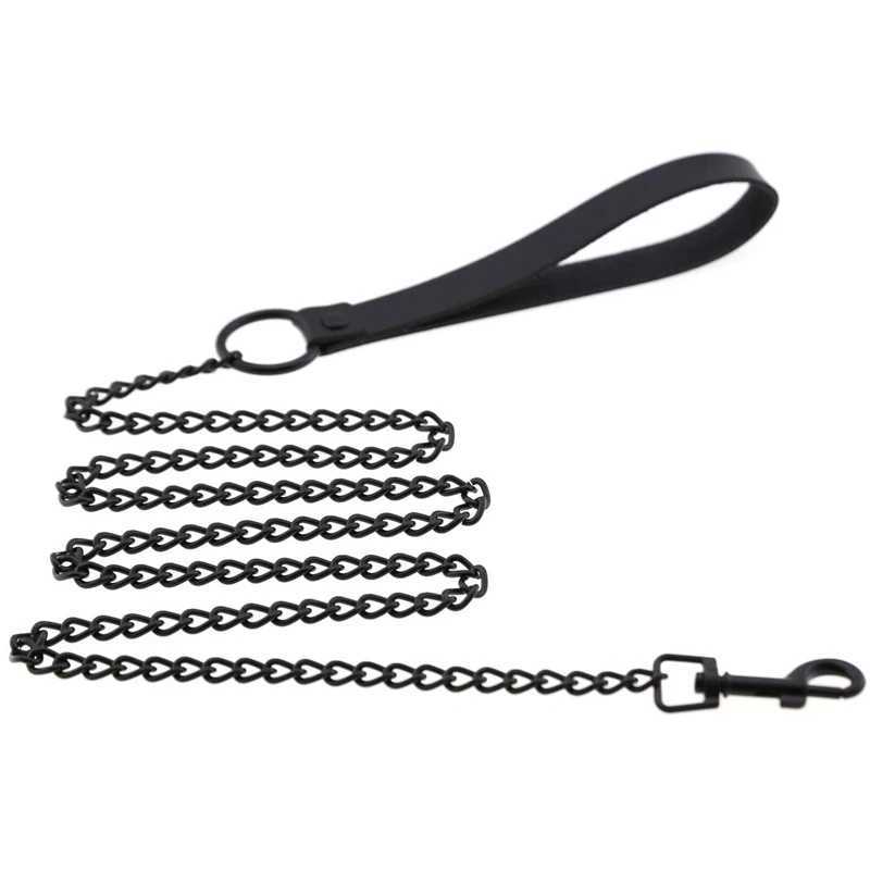 Leather Handle Chain Dog Durable Metal Chew Proof Dog Training Leash 115cm Heavy Duty Anti-bite Dog Giant Chain Leash withXJ250218