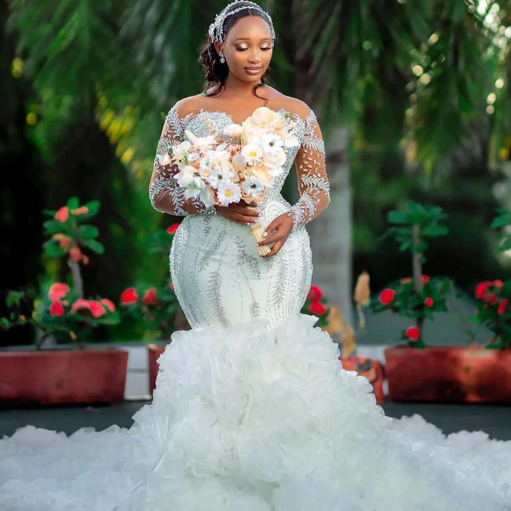 Customized Spark Crystals Rhies Garden Mermaid Wedding Dress African Long Sleeves Multi-Layered Ruffles Bridal Gowns
