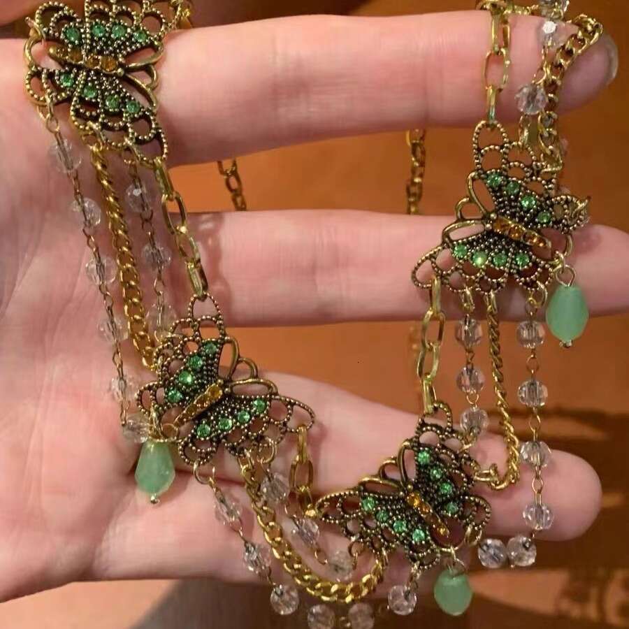 Heavy industry multi-layer tassel inlaid dia butterfly necklace for women, new Chinese style, niche, high-end texture, spicy girl, collarbone neck cha