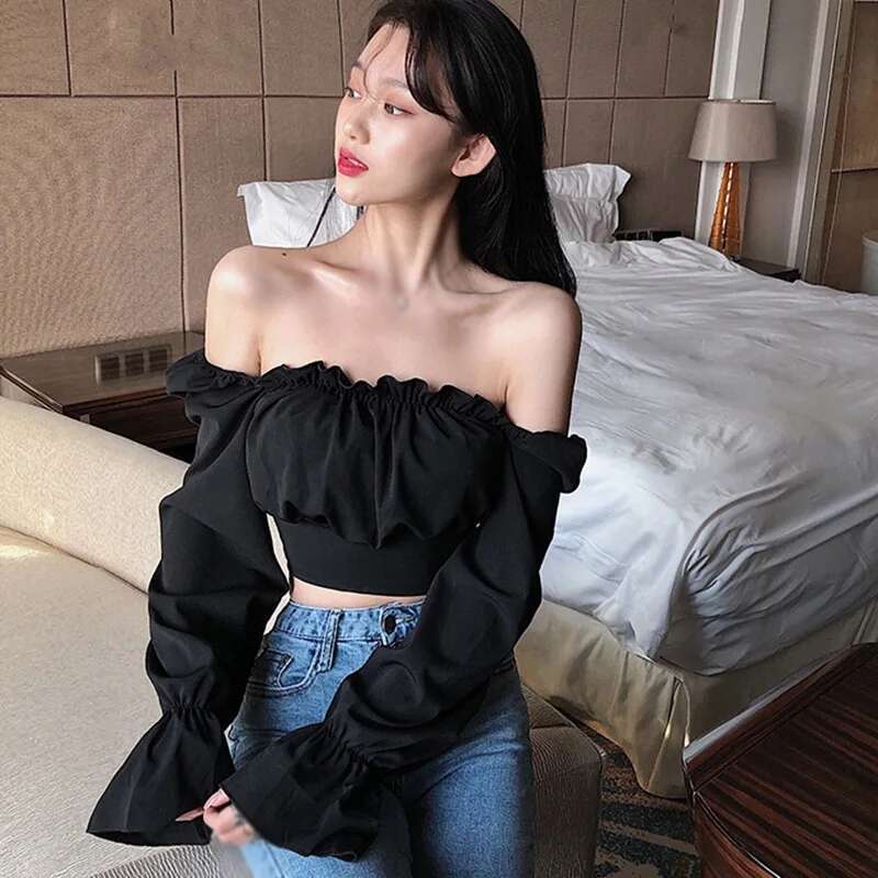Women's Sexy Slim Bandage Long Shirt Blouses Slash Neck Autumn Puff Sleeve