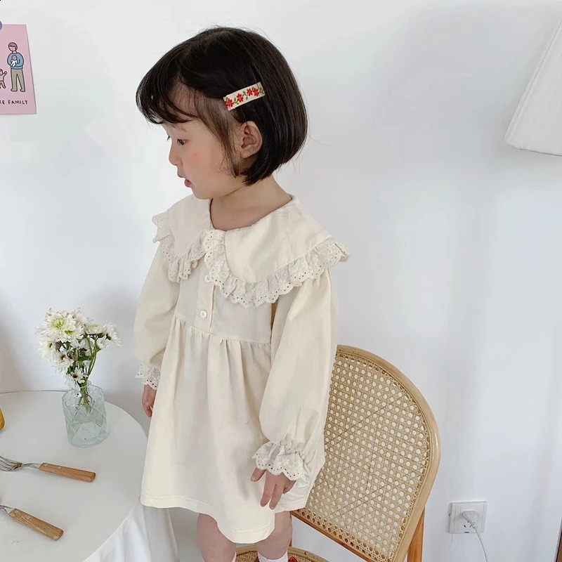 Spring and Autumn Girls Dress Lace Patch Korean Style Cute Girl Long Sleeve Collar Party Princess Dress 250219