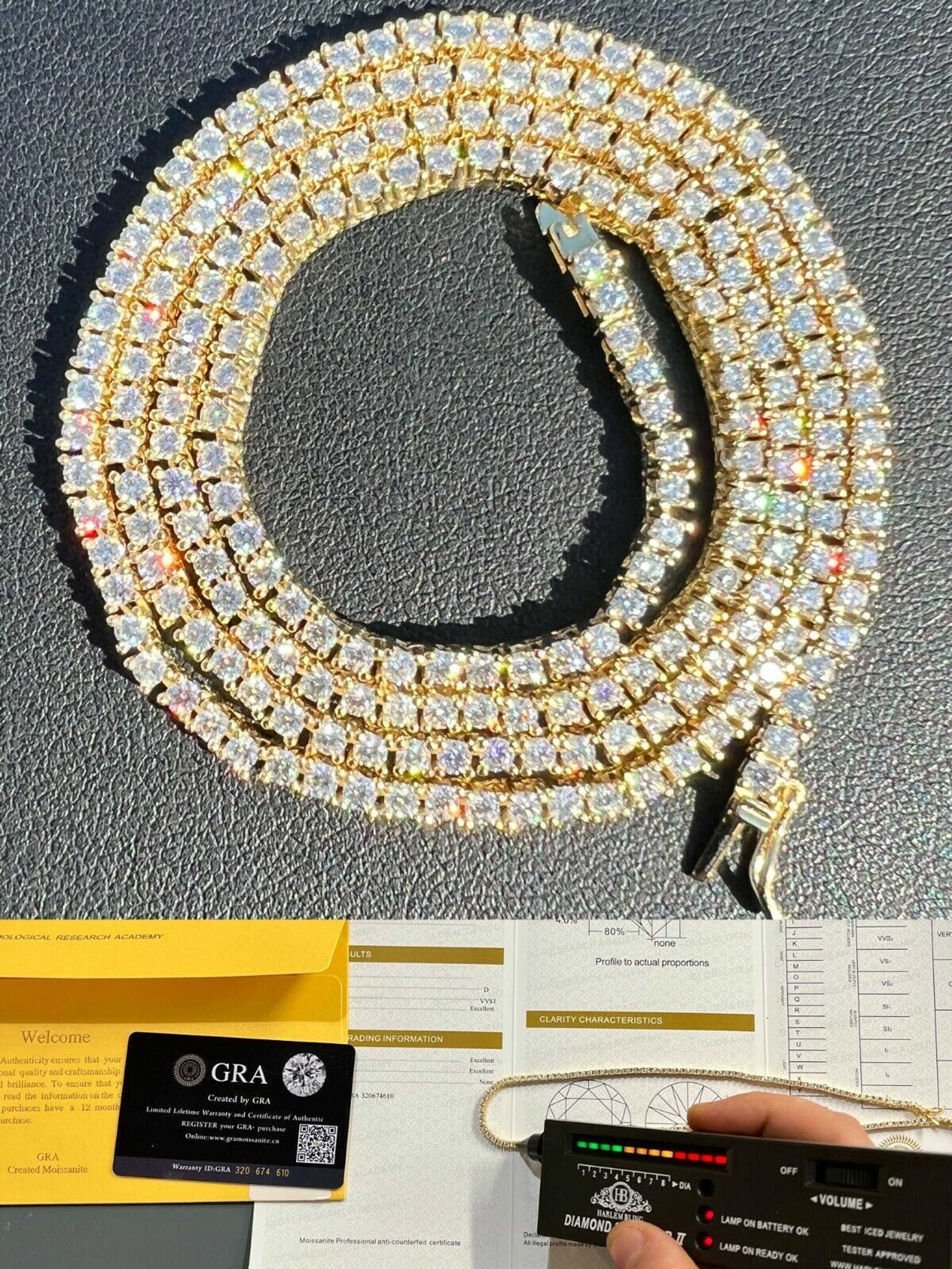 Luster Jewelry Hiphop Bling Sterling Silver 925 Gold Plated Moissanite Diamond 2mm Tennis Necklace for Men