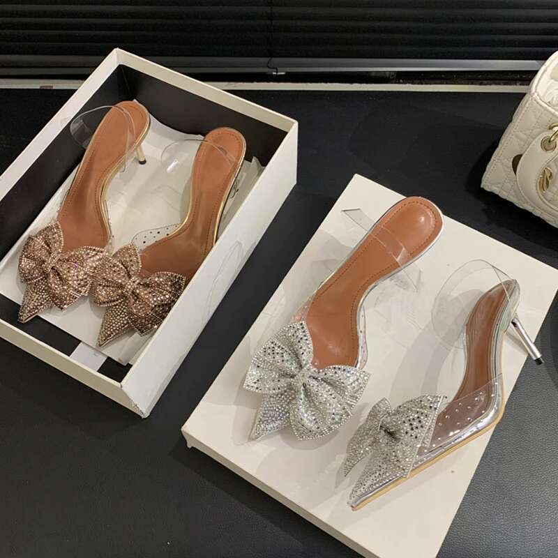 Crystal Bowknot PVC Transparent Women Pumps Champagne Sier Pointed Toe Low Heels Sandals Prom Party Shoes
