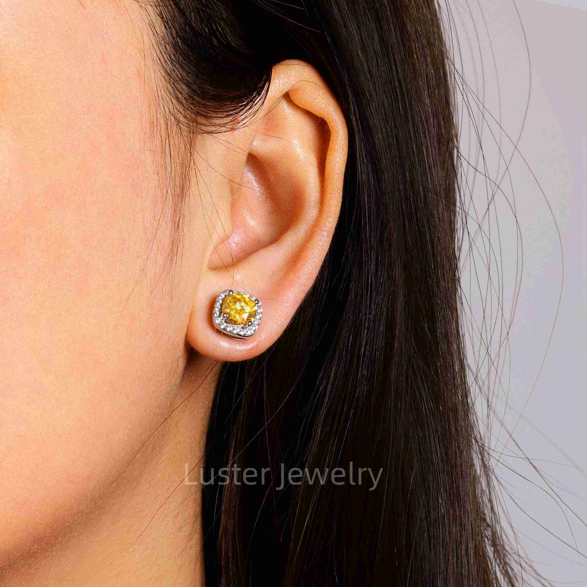 Luster GRA Certified 6.5mm Round Cut Yellow Moissanite Vintage Halo Moissanite Stud Earrings 925 Sterling Silver for Women