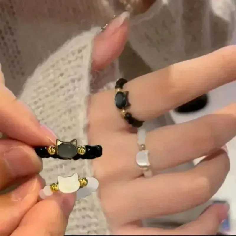 1pcs Natural Moonstone Obsidian Rings Beads Minimalist Fidget Ring Cute Black White Cat Ring Women Men Party Accessories JewelryXJ250219